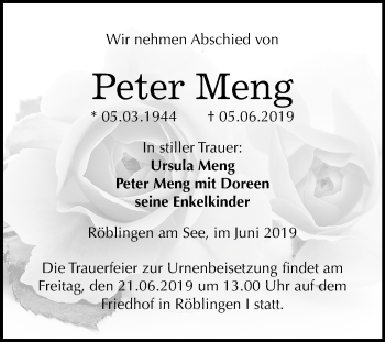Traueranzeige von Peter Meng von Mitteldeutsche Zeitung Mansfelder Land