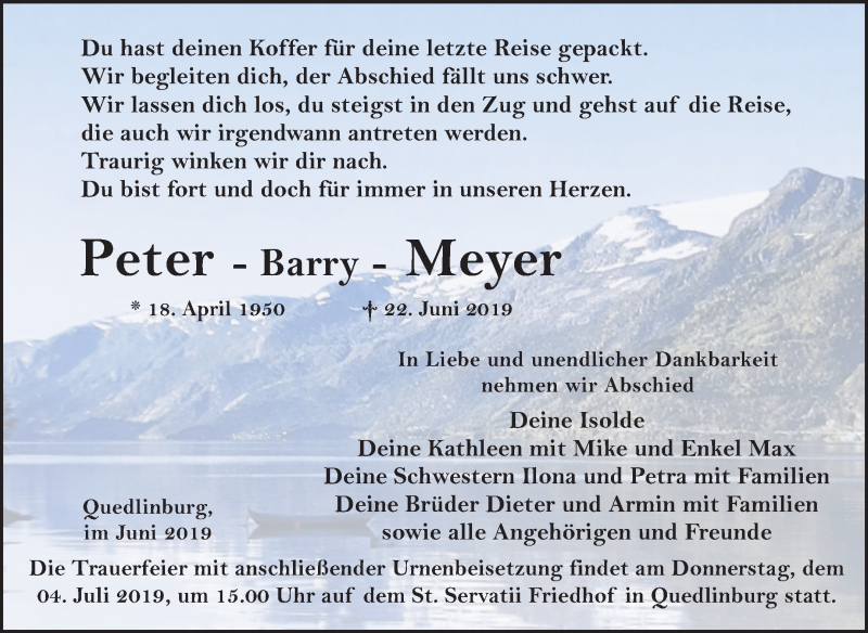  Traueranzeige für Peter Meyer vom 29.06.2019 aus Mitteldeutsche Zeitung Quedlinburg