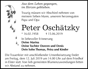 Traueranzeige von Peter Oschätzky von Mitteldeutsche Zeitung
