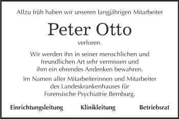 Traueranzeige von Peter Otto von Super Sonntag Bernburg