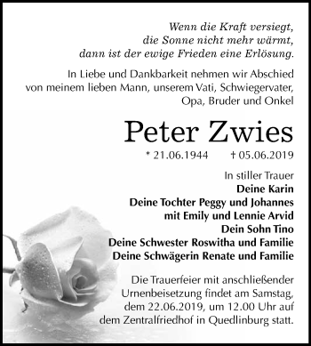 Traueranzeige von Peter Zwies von WVG - Wochenspiegel Quedlinburg