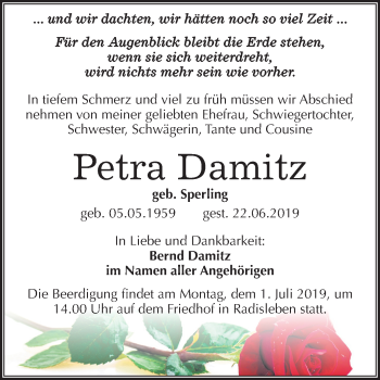 Traueranzeige von Petra Damitz von Mitteldeutsche Zeitung Quedlinburg