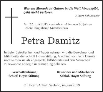 Traueranzeige von Petra Damitz von Super Sonntag Aschersleben