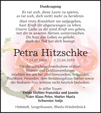 Traueranzeige von Petra Hitzschke von Mitteldeutsche Zeitung Sangerhausen