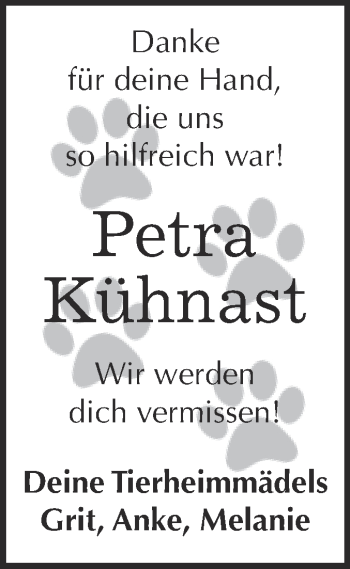 Traueranzeige von Petra Kühnast von WVG - Wochenspiegel Bitterfeld