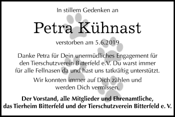 Traueranzeige von Petra Kühnast von Mitteldeutsche Zeitung Bitterfeld