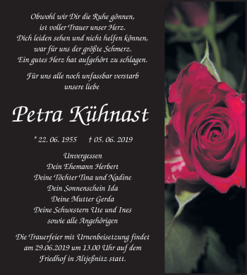 Traueranzeige von Petra Kühnast von WVG - Wochenspiegel Bitterfeld
