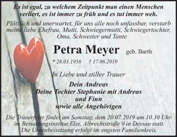 Traueranzeige von Petra Meyer von WVG - Wochenspiegel Dessau / Köthen
