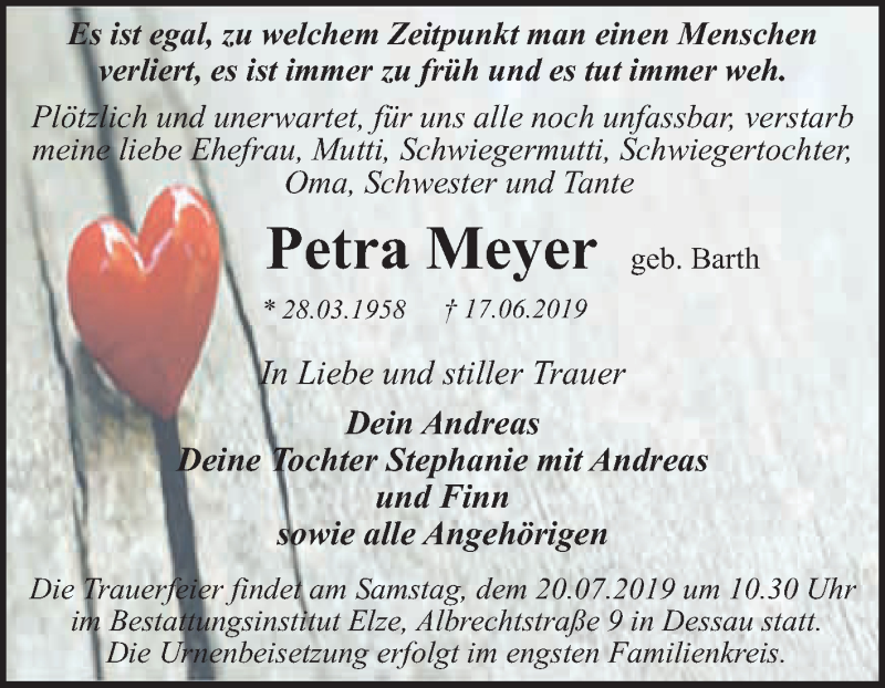  Traueranzeige für Petra Meyer vom 24.06.2019 aus WVG - Wochenspiegel Dessau / Köthen