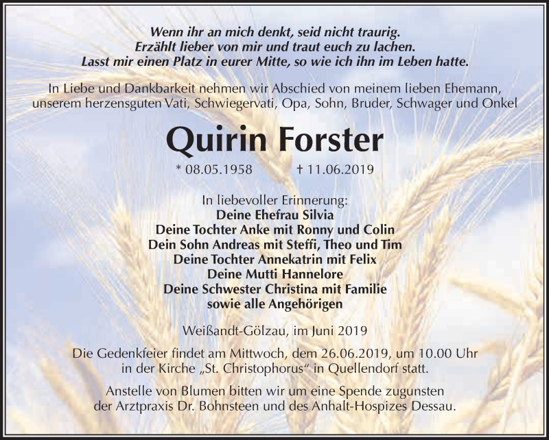  Traueranzeige für Quirin Forster vom 22.06.2019 aus WVG - Wochenspiegel Dessau / Köthen