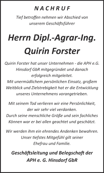 Traueranzeige von Quirin Forster von Super Sonntag Dessau / Köthen