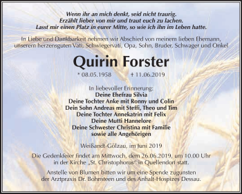 Traueranzeige von Quirin Forster von WVG - Wochenspiegel Dessau / Köthen