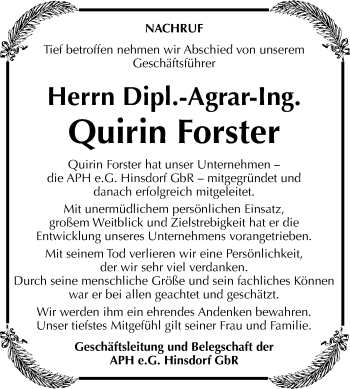 Traueranzeige von Quirin Forster von Mitteldeutsche Zeitung Köthen