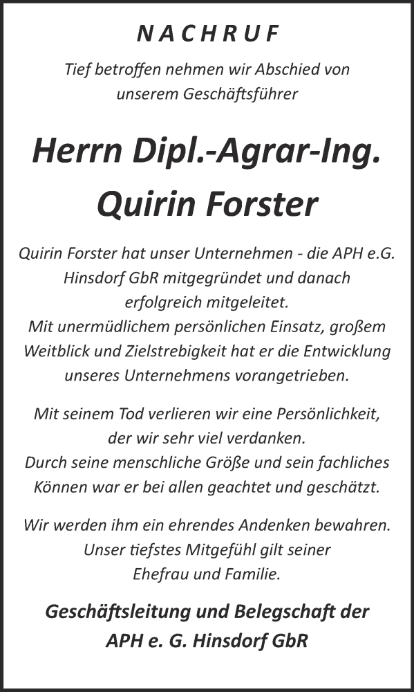  Traueranzeige für Quirin Forster vom 22.06.2019 aus Super Sonntag Dessau / Köthen