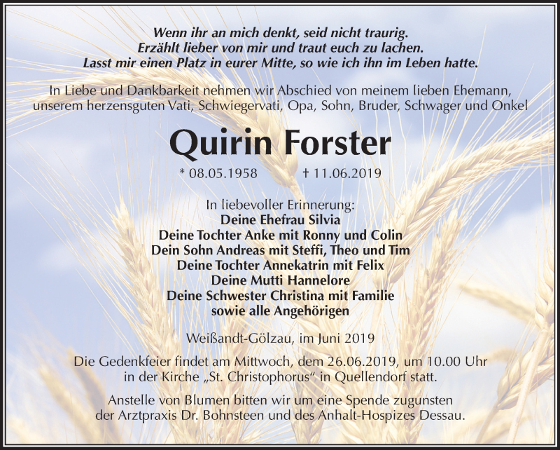  Traueranzeige für Quirin Forster vom 22.06.2019 aus Mitteldeutsche Zeitung Köthen