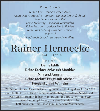 Traueranzeige von Rainer Hennecke von WVG - Wochenspiegel Wittenberg