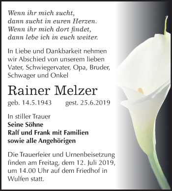 Traueranzeige von Rainer Melzer von Mitteldeutsche Zeitung Köthen