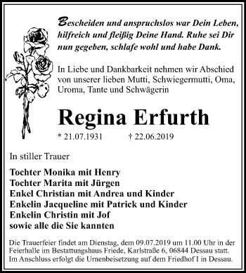 Traueranzeige von Regina Erfurth von Mitteldeutsche Zeitung Dessau-Roßlau