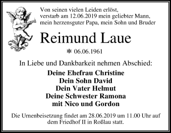 Traueranzeige von Reimund Laue von WVG - Wochenspiegel Dessau / Köthen