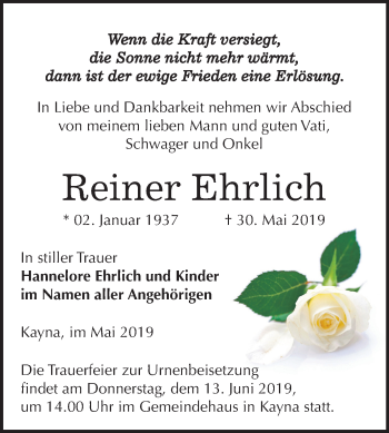 Traueranzeige von Reiner Ehrlich von Mitteldeutsche Zeitung