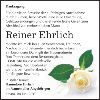 Traueranzeige von Reiner Ehrlich von WVG - Wochenspiegel NMB / WSF / ZTZ
