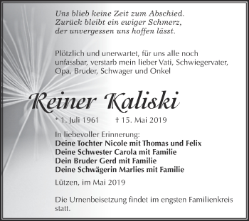 Traueranzeige von Reiner Kaliski von Super Sonntag Merseburg