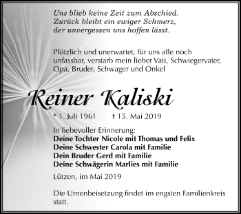 Traueranzeige von Reiner Kaliski von Mitteldeutsche Zeitung Weißenfels