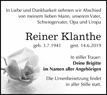 Traueranzeige von Reiner Klanthe von Super Sonntag SGH Mansf. Land
