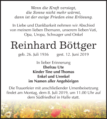 Traueranzeige von Reinhard Böttge von Mitteldeutsche Zeitung Halle/Saalkreis