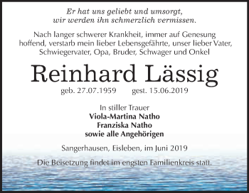 Traueranzeige von Reinhard Lässig von WVG - Wochenspiegel SGH