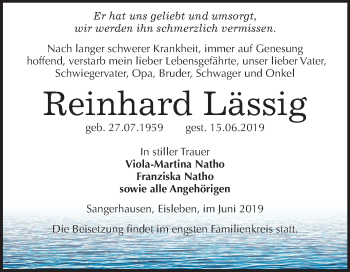 Traueranzeige von Reinhard Lässig von Mitteldeutsche Zeitung Sangerhausen