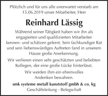 Traueranzeige von Reinhard Lässig von Super Sonntag SGH Mansf. Land