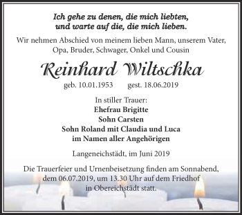 Traueranzeige von Reinhard Wiltschka von WVG - Wochenspiegel Merseburg