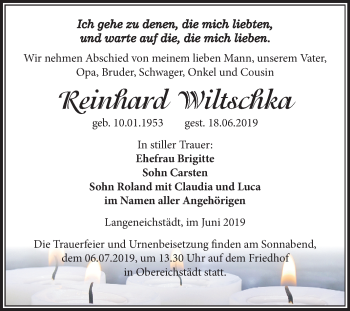 Traueranzeige von Reinhard Wiltschka von Mitteldeutsche Zeitung Merseburg/Querfurt