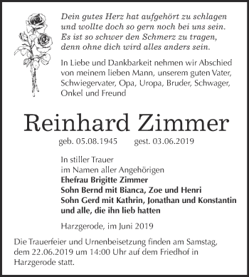 Traueranzeige von Reinhard Zimmer von Super Sonntag Quedlinburg