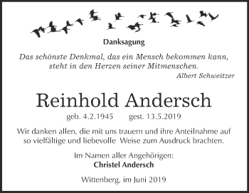 Traueranzeige von Reinhold Andersch von Super Sonntag Wittenberg