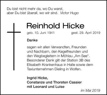 Traueranzeige von Reinhold Hicke von WVG - Wochenspiegel Bitterfeld
