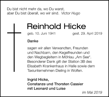 Traueranzeige von Reinhold Hicke von Mitteldeutsche Zeitung Bitterfeld