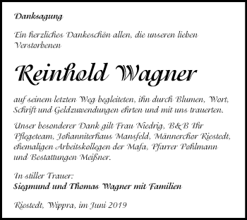 Traueranzeige von Reinhold Wagner von Super Sonntag SGH Mansf. Land
