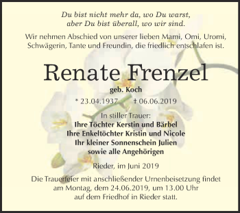 Traueranzeige von Renate Frenzel von Super Sonntag Quedlinburg