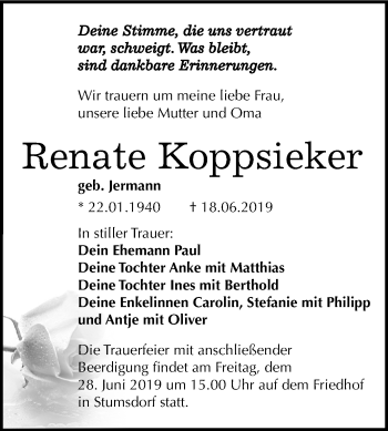 Traueranzeige von Renate Koppsieker von Mitteldeutsche Zeitung Bitterfeld