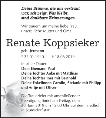 Traueranzeige von Renate Koppsieker von WVG - Wochenspiegel Bitterfeld