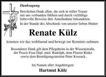 Traueranzeige von Renate Külz von Mitteldeutsche Zeitung Dessau-Roßlau
