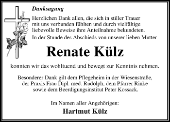Traueranzeige von Renate Külz von WVG - Wochenspiegel Dessau / Köthen