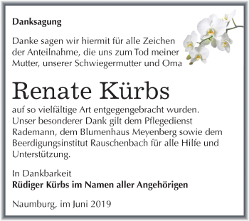 Traueranzeige von Renate Kürbs von Mitteldeutsche Zeitung