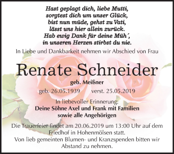 Traueranzeige von Renate Schneider von Mitteldeutsche Zeitung Weißenfels