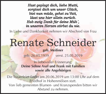 Traueranzeige von Renate Schneider von WVG - Wochenspiegel NMB / WSF / ZTZ