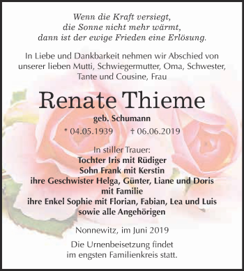 Traueranzeige von Renate Thieme von WVG - Wochenspiegel NMB / WSF / ZTZ