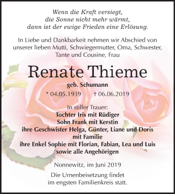 Traueranzeige von Renate Thieme von Mitteldeutsche Zeitung Zeitz