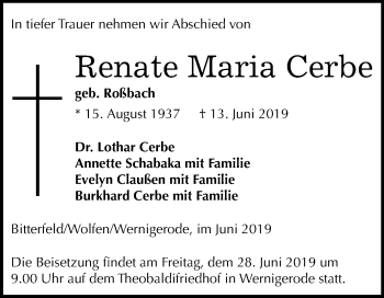Traueranzeige von Renate Maria Cerbe von Mitteldeutsche Zeitung Bitterfeld